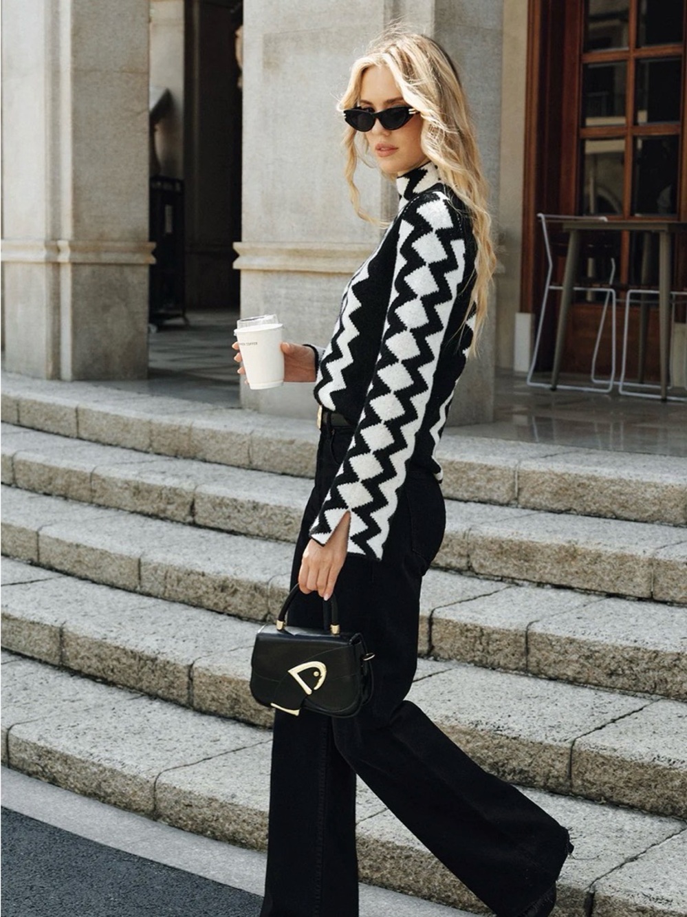 Commense Black & White Zigzag Cowl Sweater - Picture 4 of 7
